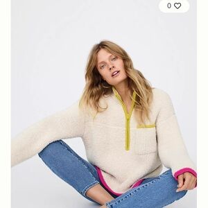 Anthropologie Stasia Sherpa Pullover Cream Half Zip with Yellow and Pink Accents